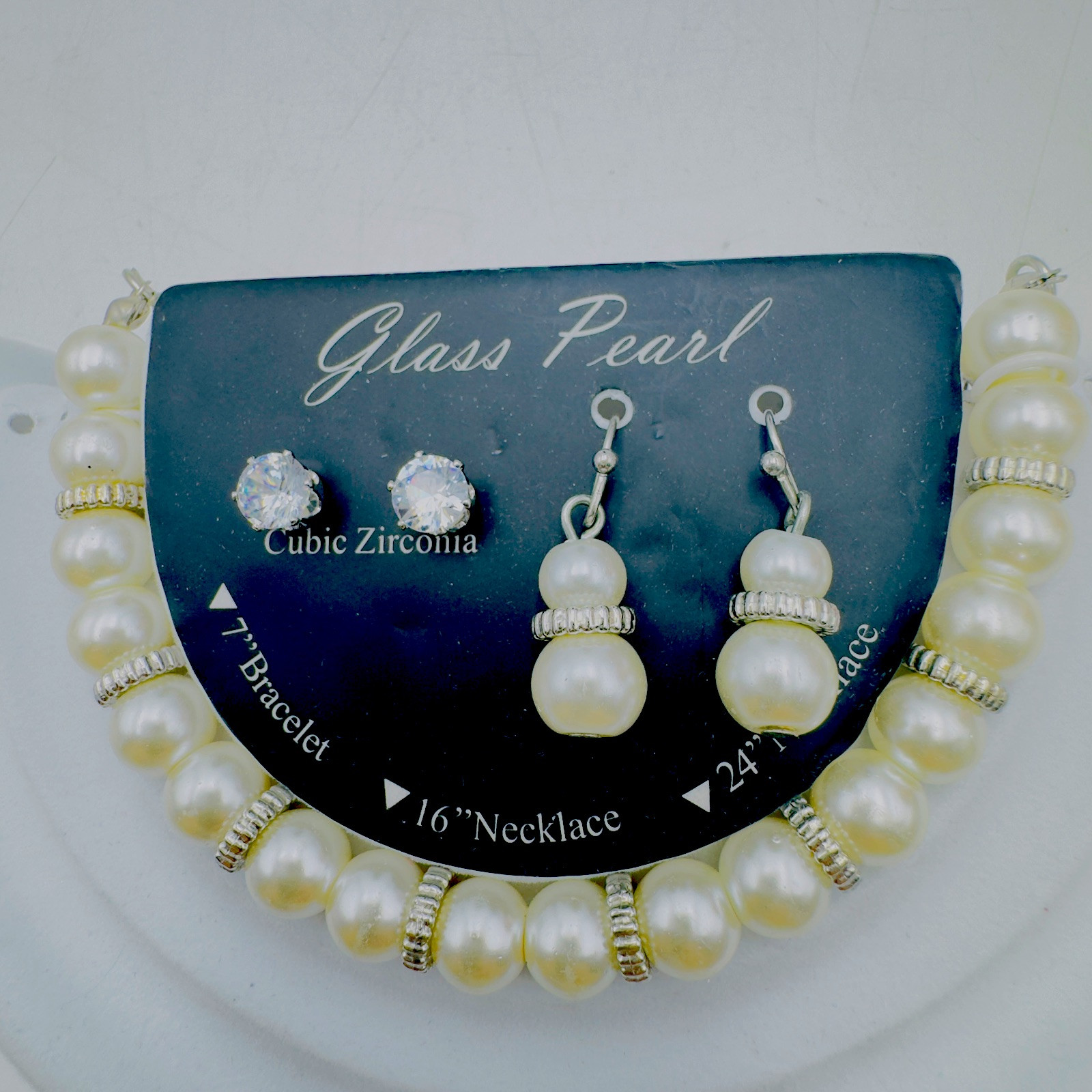 Kim Rogers Necklace Bracelet Earrings 5p Jewelry Set Cubic Zirconia Glass Pearls