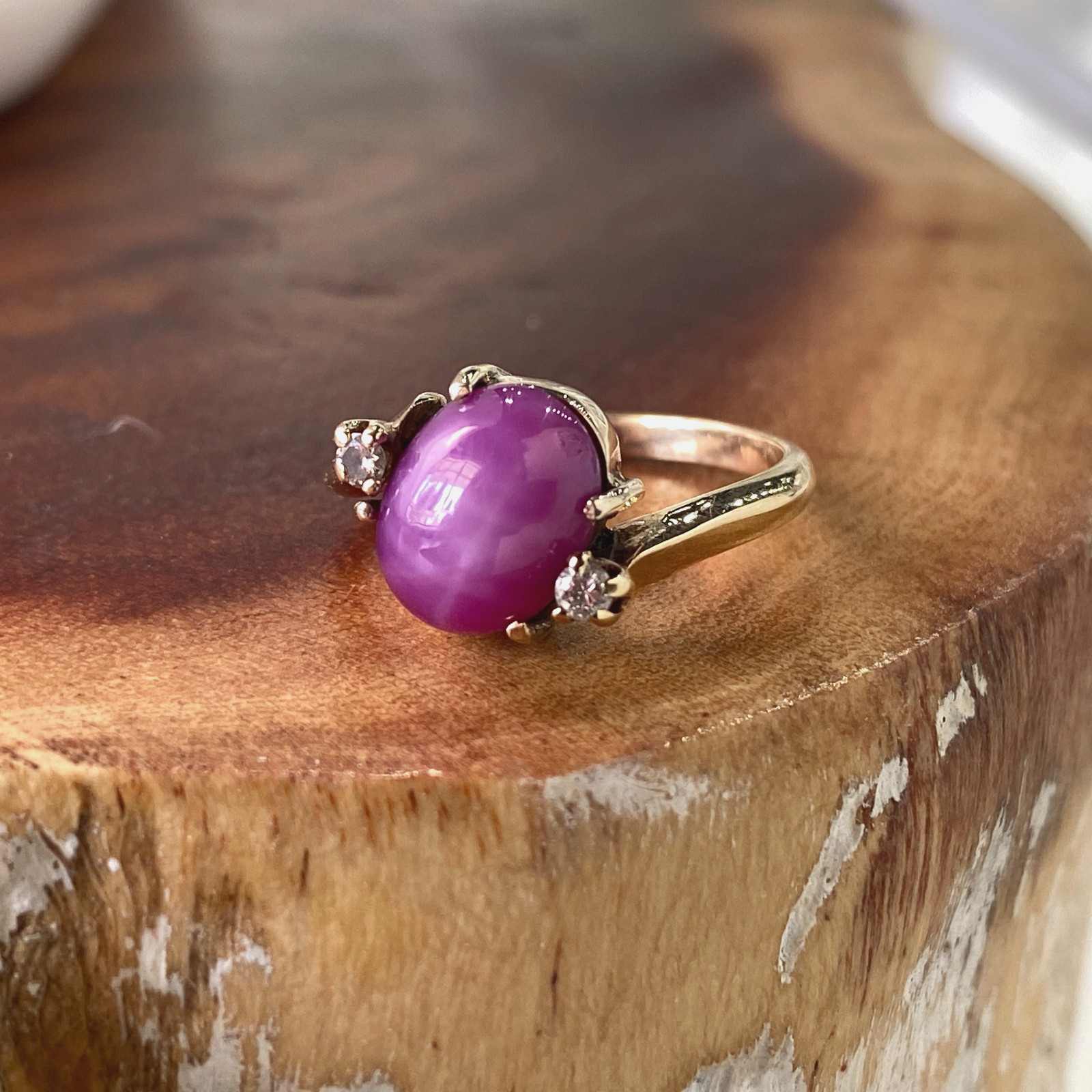 Vintage 14k Yellow Gold Lab Grown Star Sapphire Ruby Gemstone Diamond Ring 6.25
