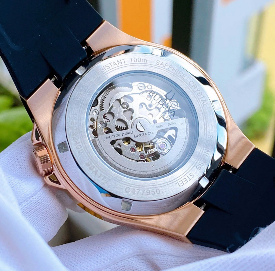 Bulova Maquina Automatic 98A177 Sapphire Rose Gold Black Dial Silicone Watch