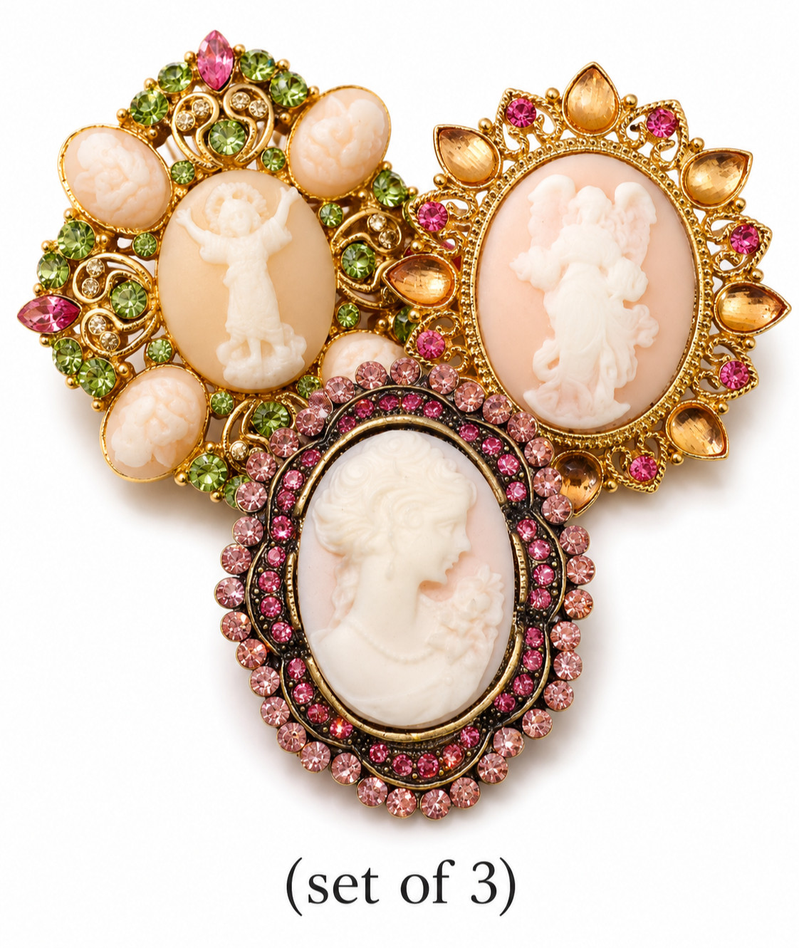 （Set of 3) Oval Pink Green Vintage Style Angel Cameo Brooch Pendant Charm Pin