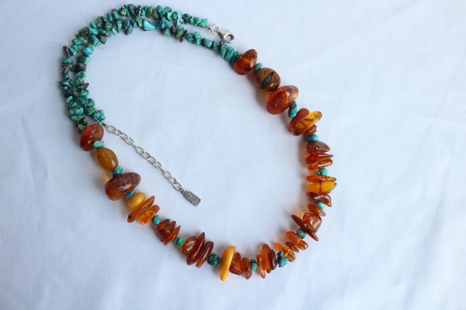 Signed Peyote Bird Sterling Silver Genuine Amber Turquoise Beads Necklace 21.5”