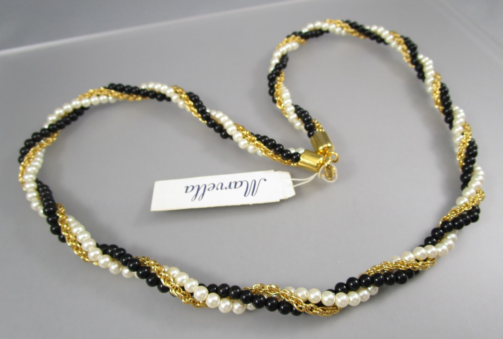 NOS Vintage MARVELLA Black Beads Gold Wrapped Chain Faux Pearl 24″ Necklace 8052