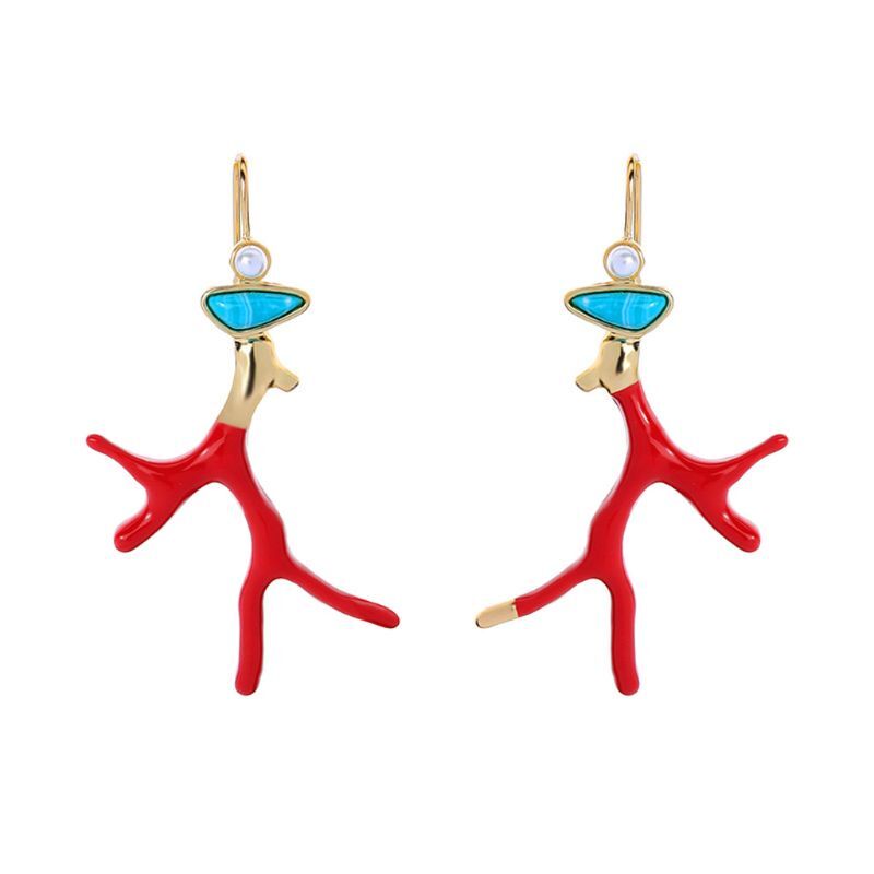 Branch Acrylic Resin Drop Earrings Red Enamel Coral Antlers Earrings