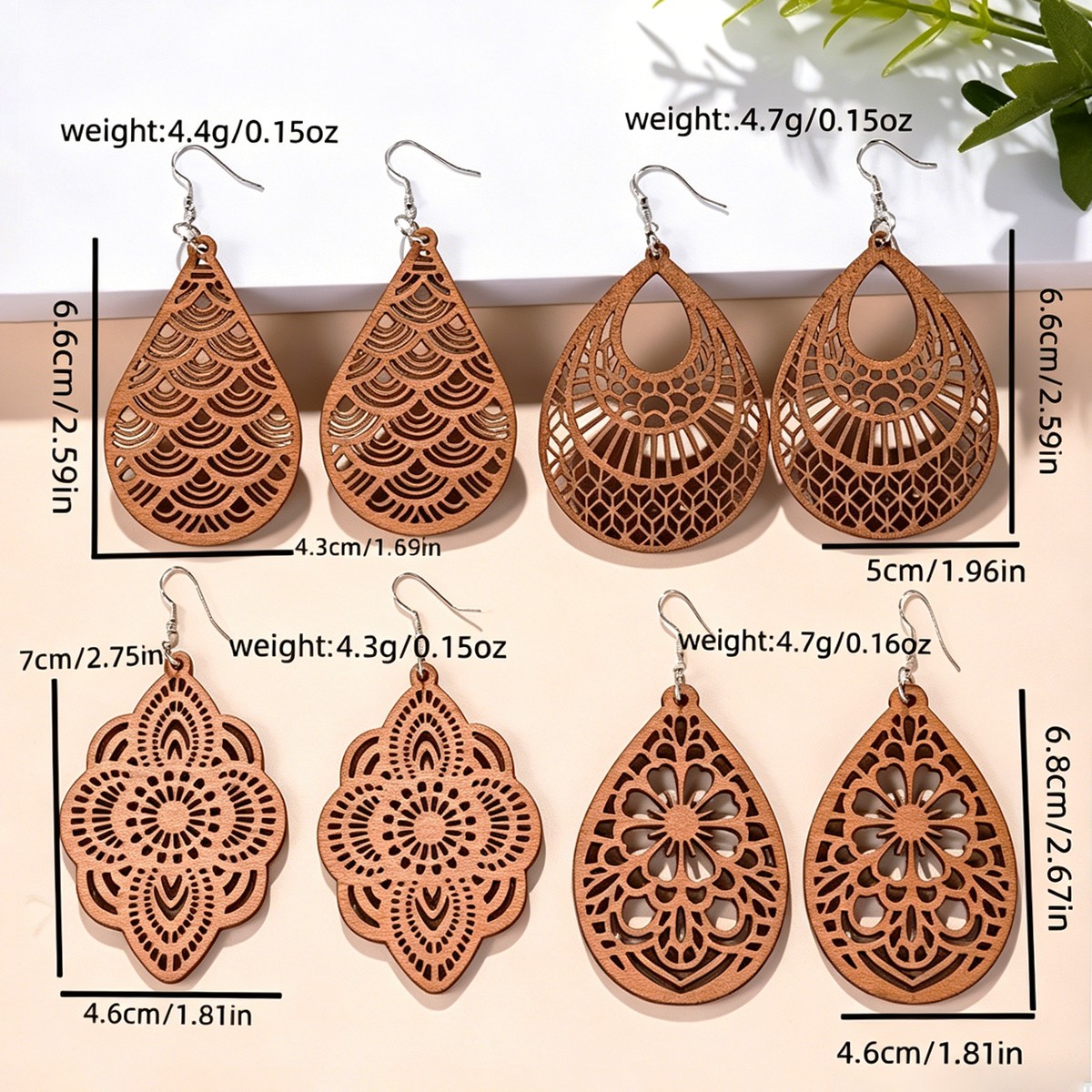 Boho Floral Teardrop Wooden Earrings 4 Pairs Laser Cut Filigree Dangle Set