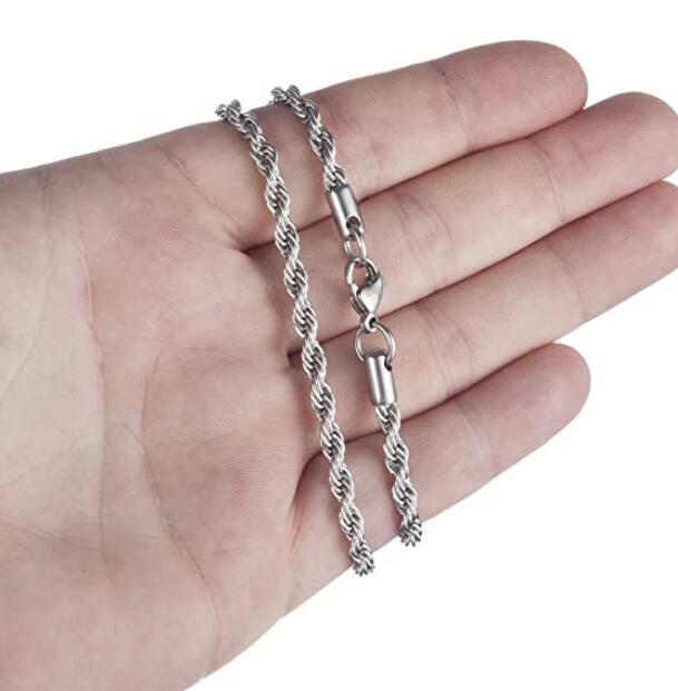4mm Rope Mens Necklace Silver Chain Twist Stainless Steel Jewelry Neck Link 22”