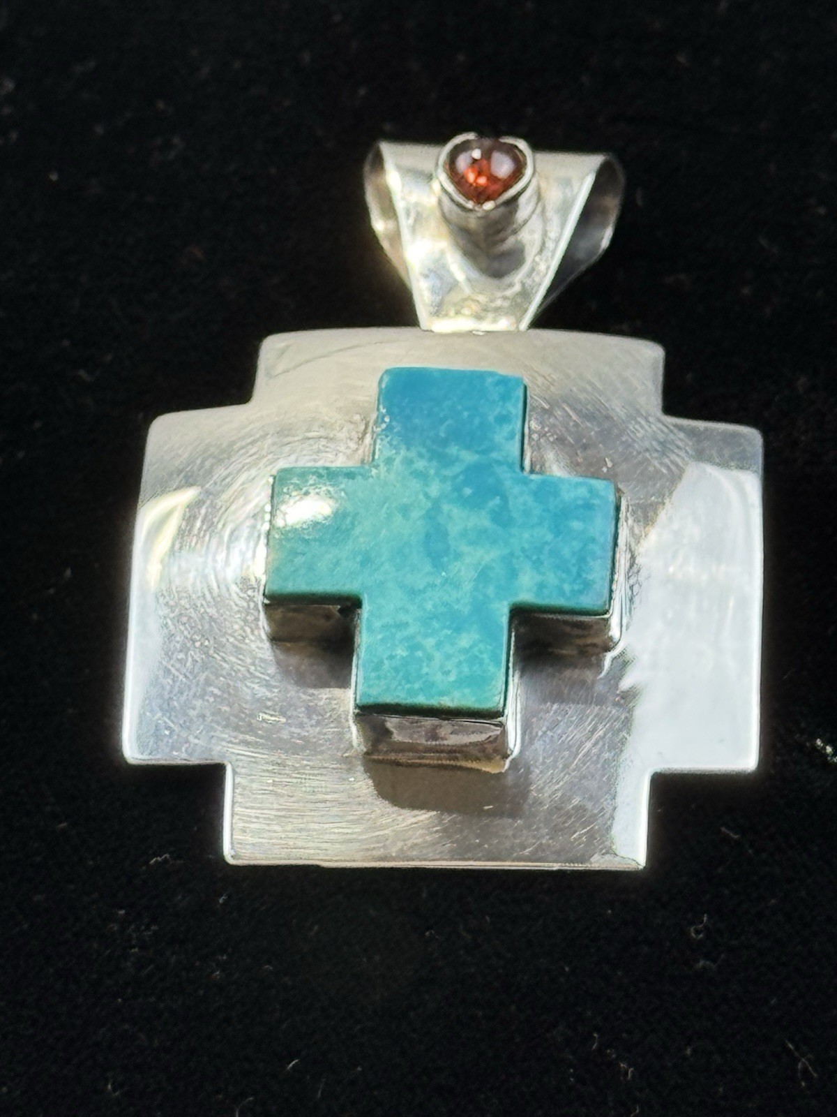Nakai Sterling Silver Turquoise Cross Pendant Brooch Garnet Heart Signed 22.4g