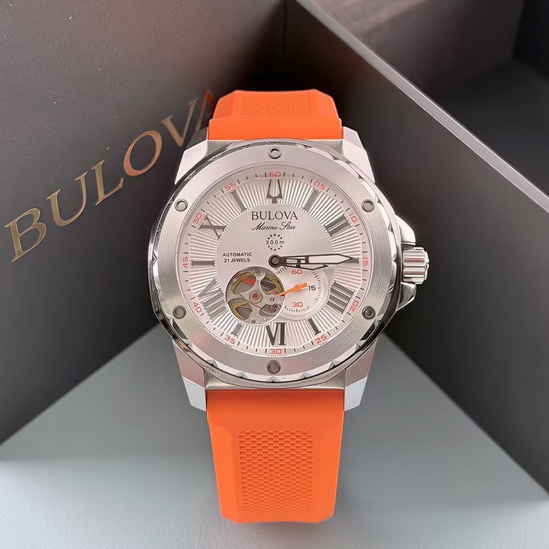Bulova Marine Star 98A226 Automatic Men’s Watch White Dial Orange Silicone Strap