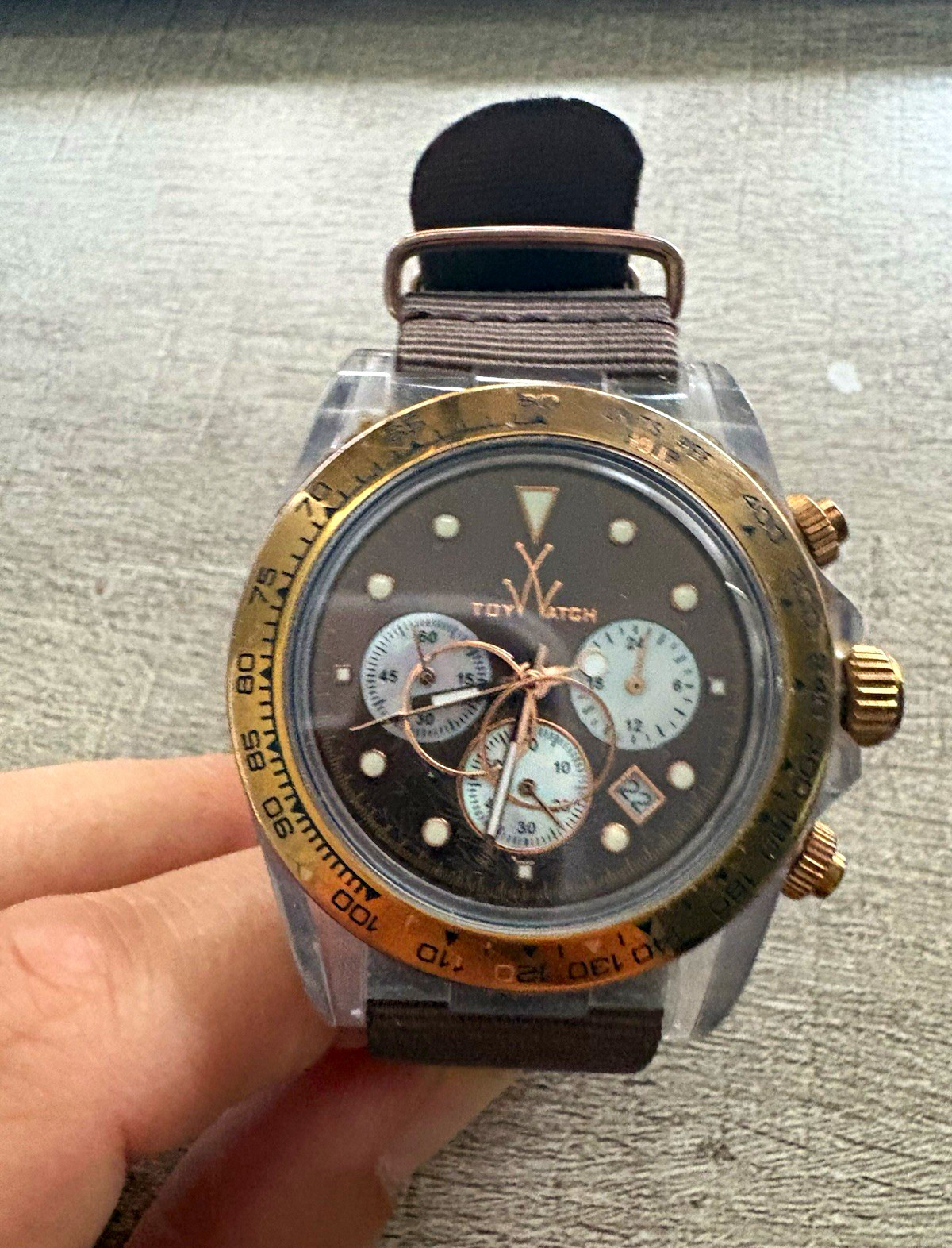 ToyWatch Quartz Chronograph Date Brown Dial Clear Case Brown Nylon Strap