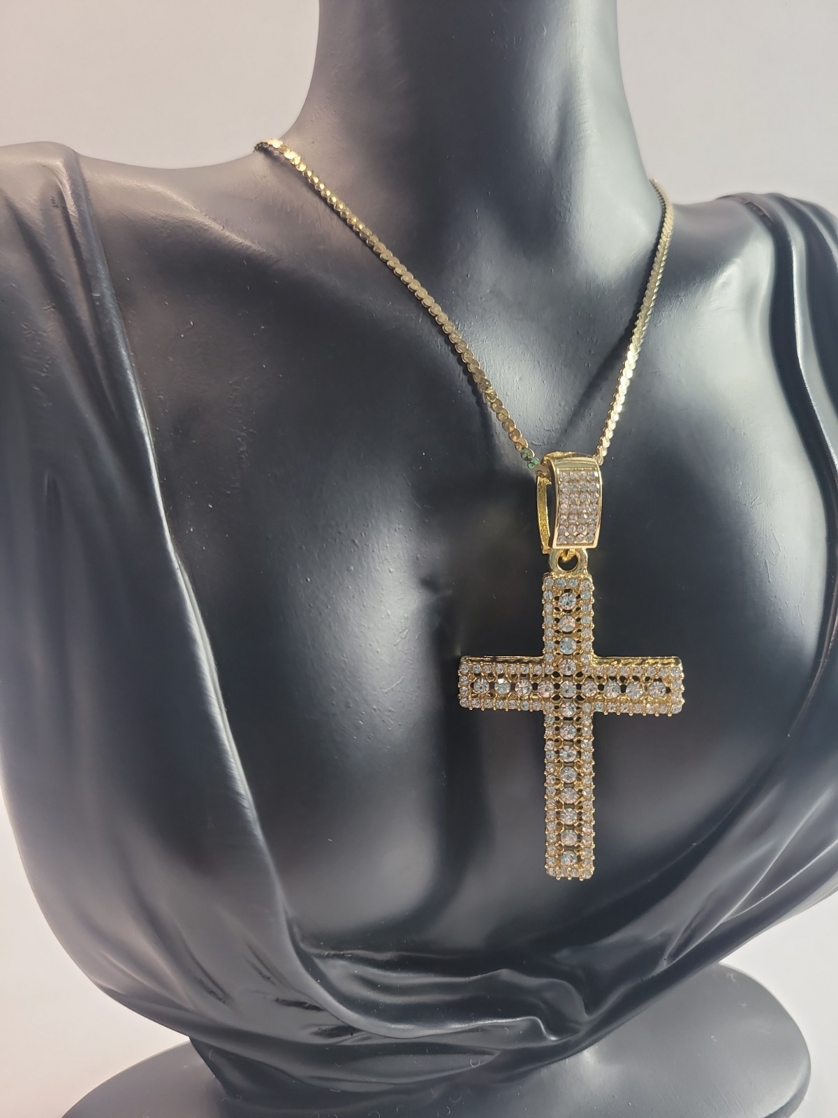 Gold Tone Iced Out Cross Pendant Necklace Clear Rhinestone Pave Hip Hop Style