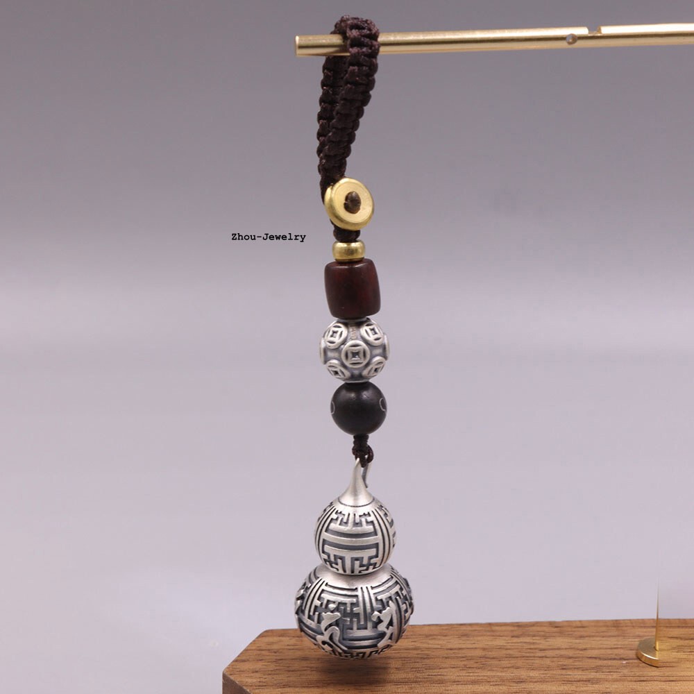 Real 999 Fine Silver Pendant Buddhist Sutra Gourd Shaped Amulet Netsuke 15-17G