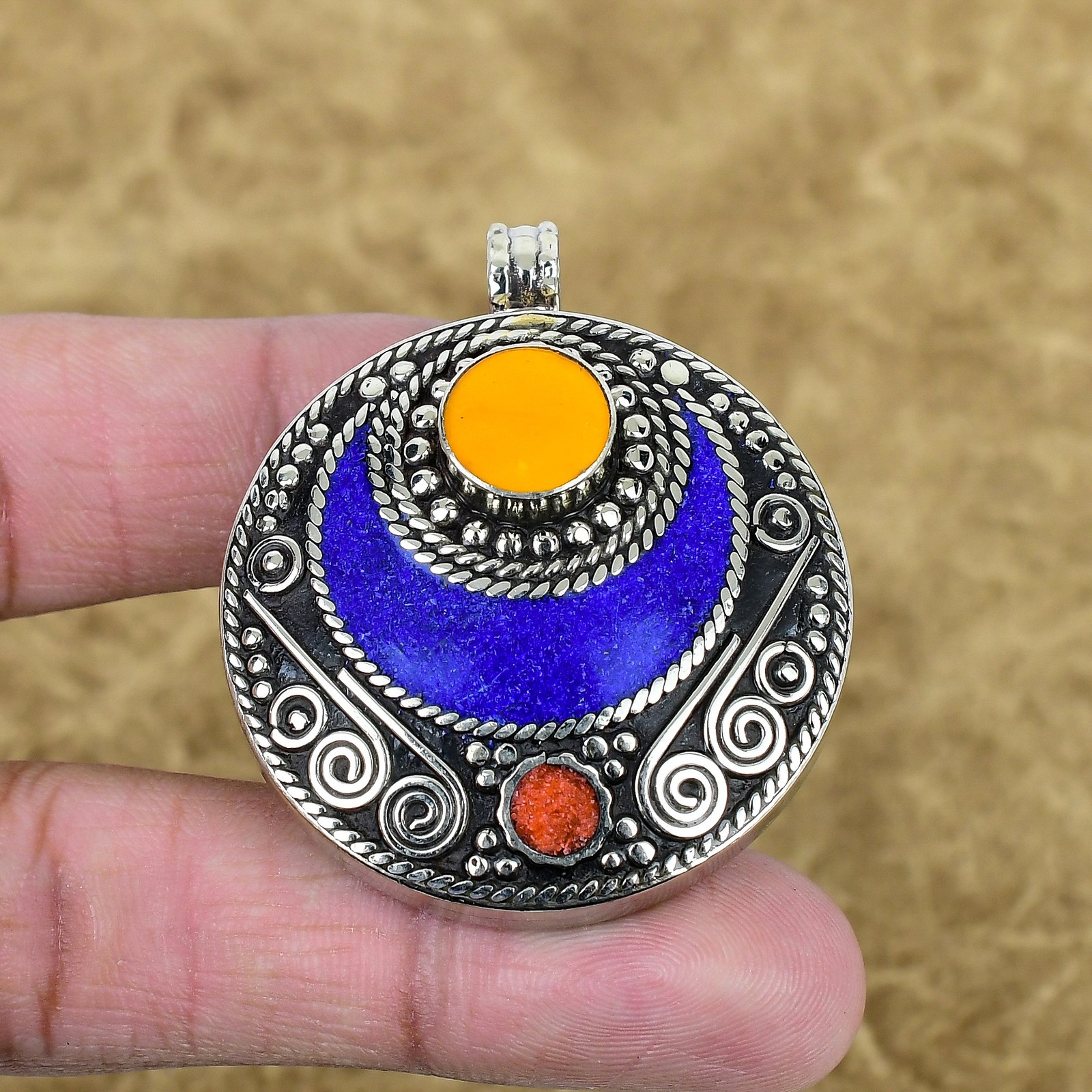 Yellow Coral Lapis Lazuli Pendant 925 Sterling Silver Handmade Jewelry SC 2146