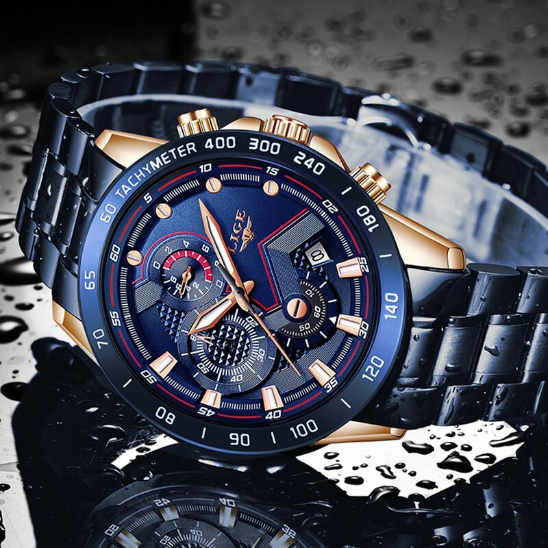 Montre Homme acier inoxydable LIGE Quartz Analogique étanche Lumineux date mode