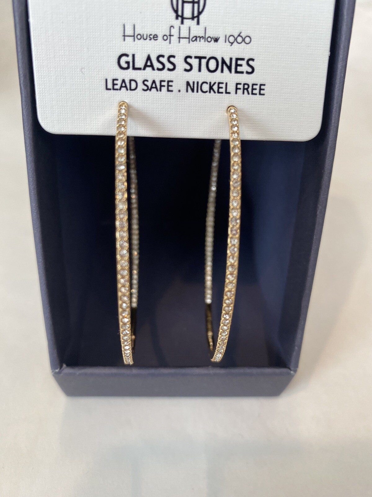 House Of Harlow 1960 Glass Crystal Stones Gold Tone Hoop Earrings 2.5” Gift Box