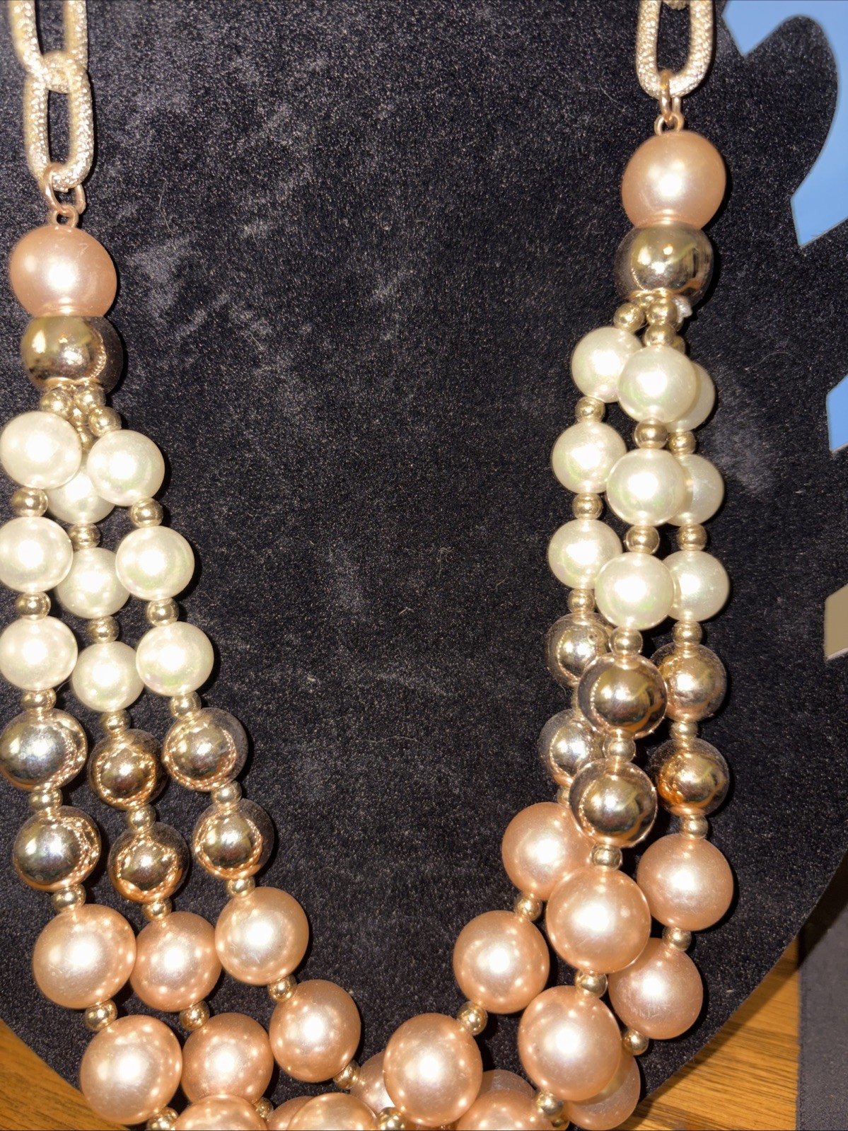 vintage pink champagne&cream faux pearls,multi strand.gold tone accented beads