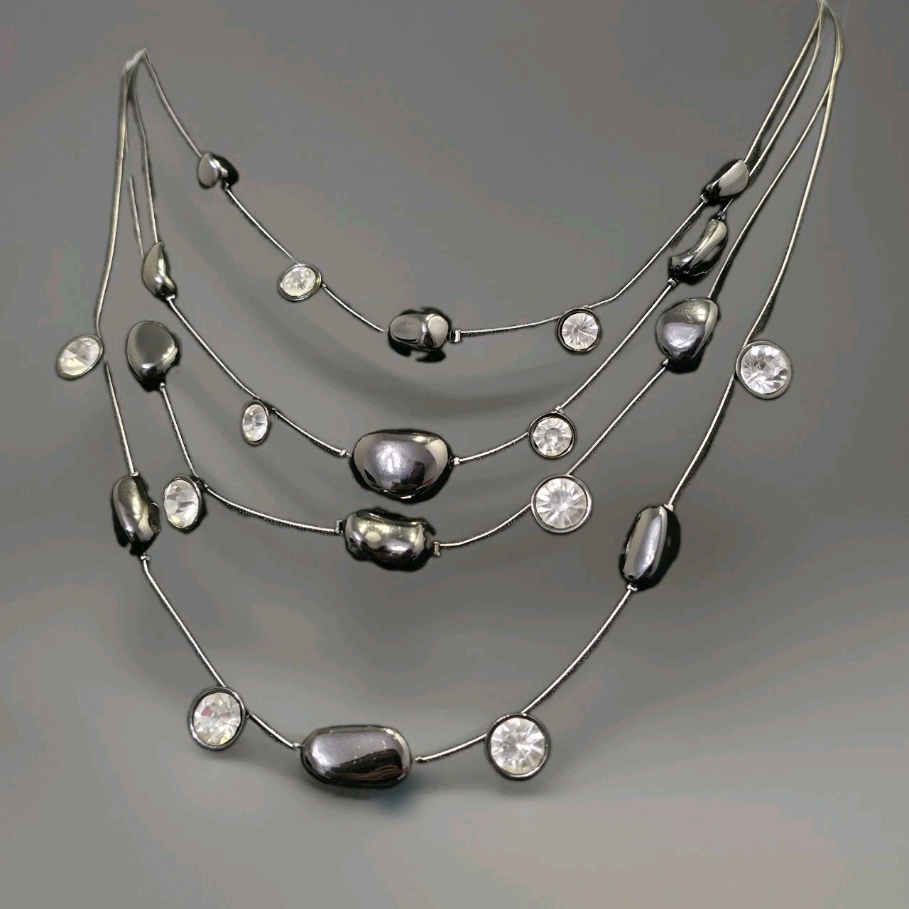 Chicos Multi Strand Illusion Necklace Black Metallic Beads Clear Rhinestones Wow