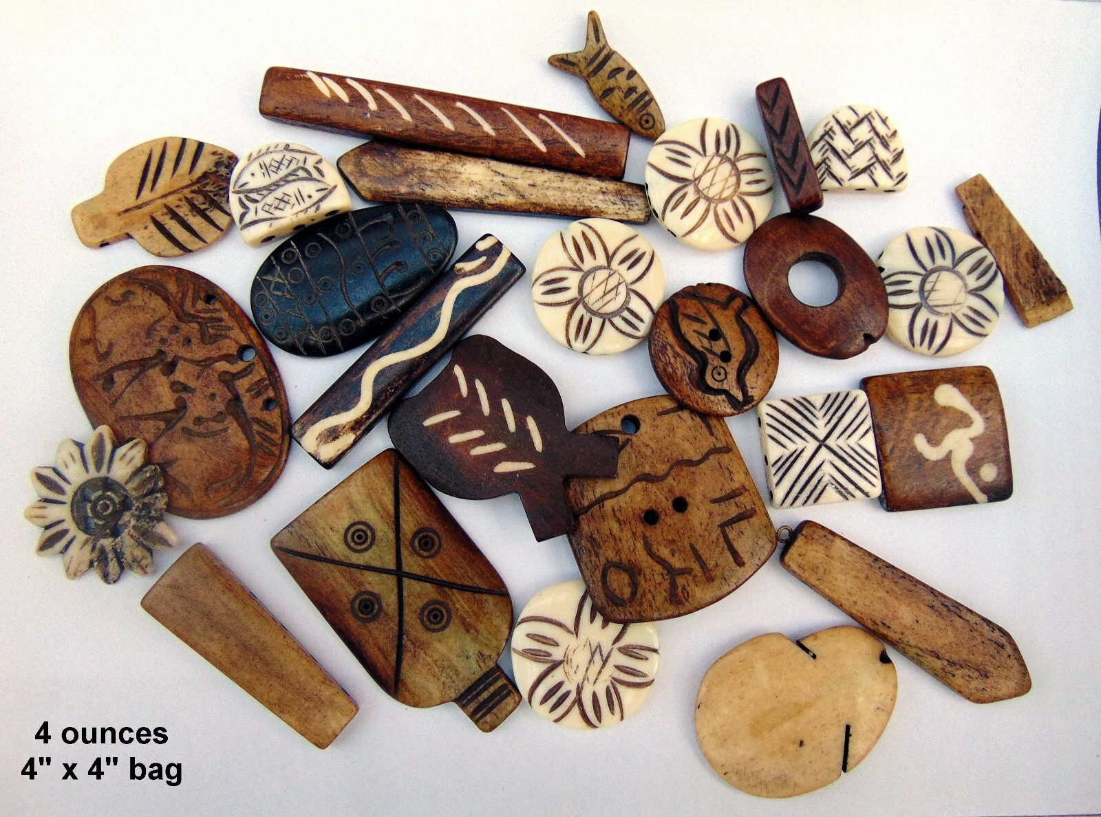 BONE BEAD MIX 1/2 pound (8 oz) ASSORTMENT of Shapes/Size/Colors/Design/Texture