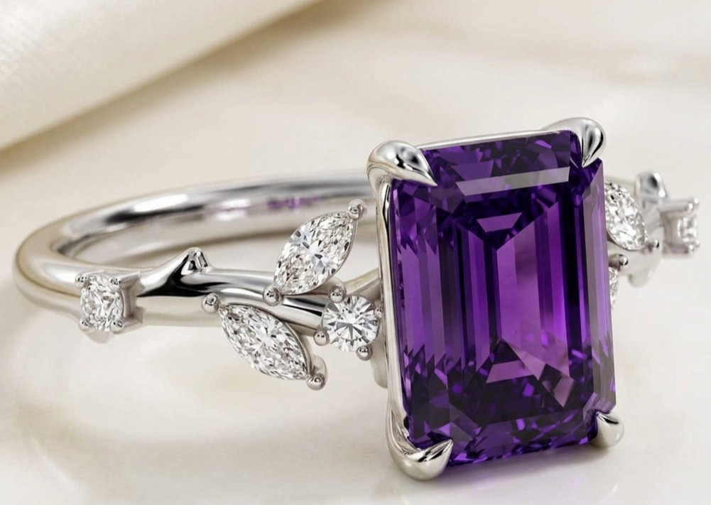 4.40 Ct Certified Emerald Cut Purple Natural Diamond Ring VVS1 White Gold Finish
