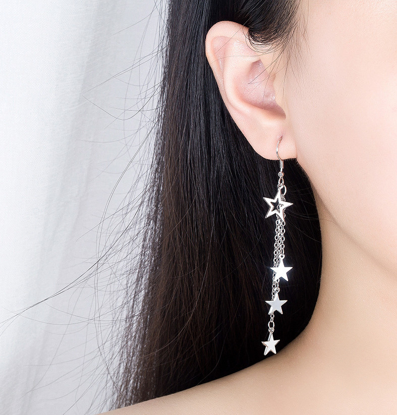 Women 925 Silver Plated Hanging Tassel Chain Stars Dangle Drop Stud Earrings C17