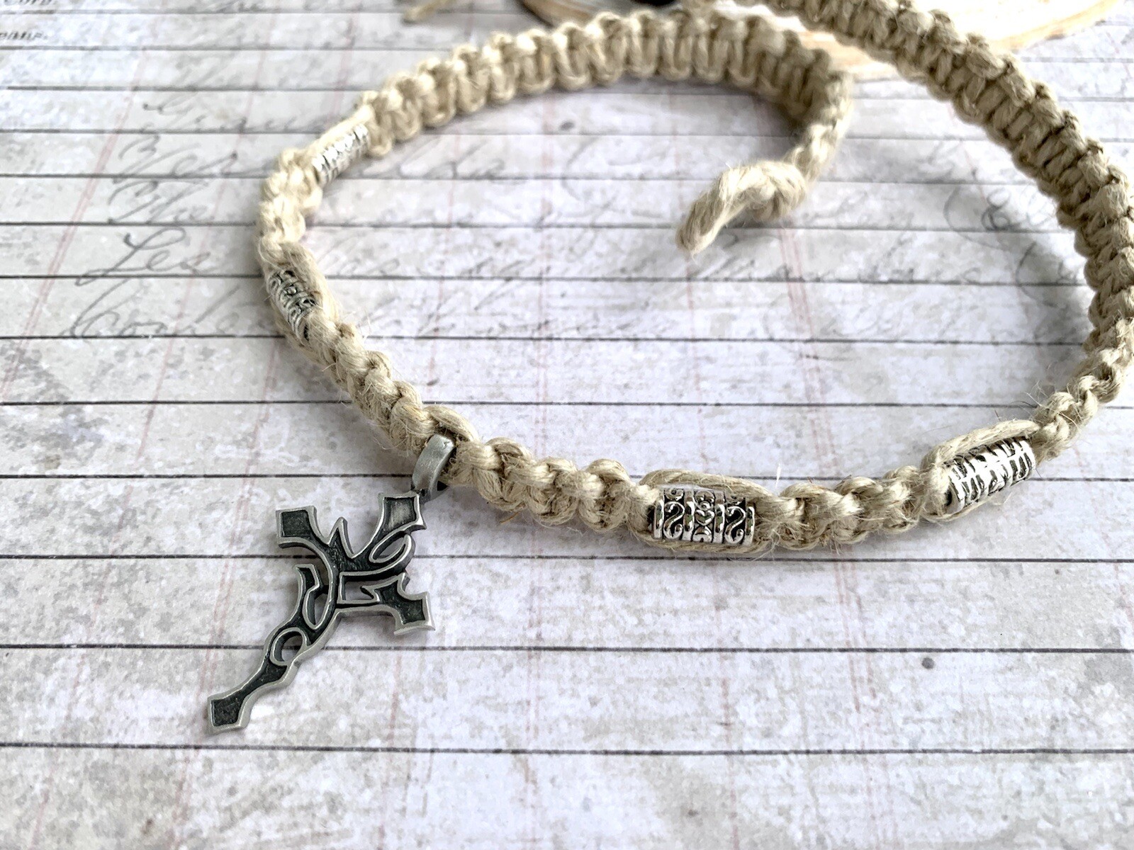 Hemp Surfer Necklace with Pewter Cross Mens Jewelry