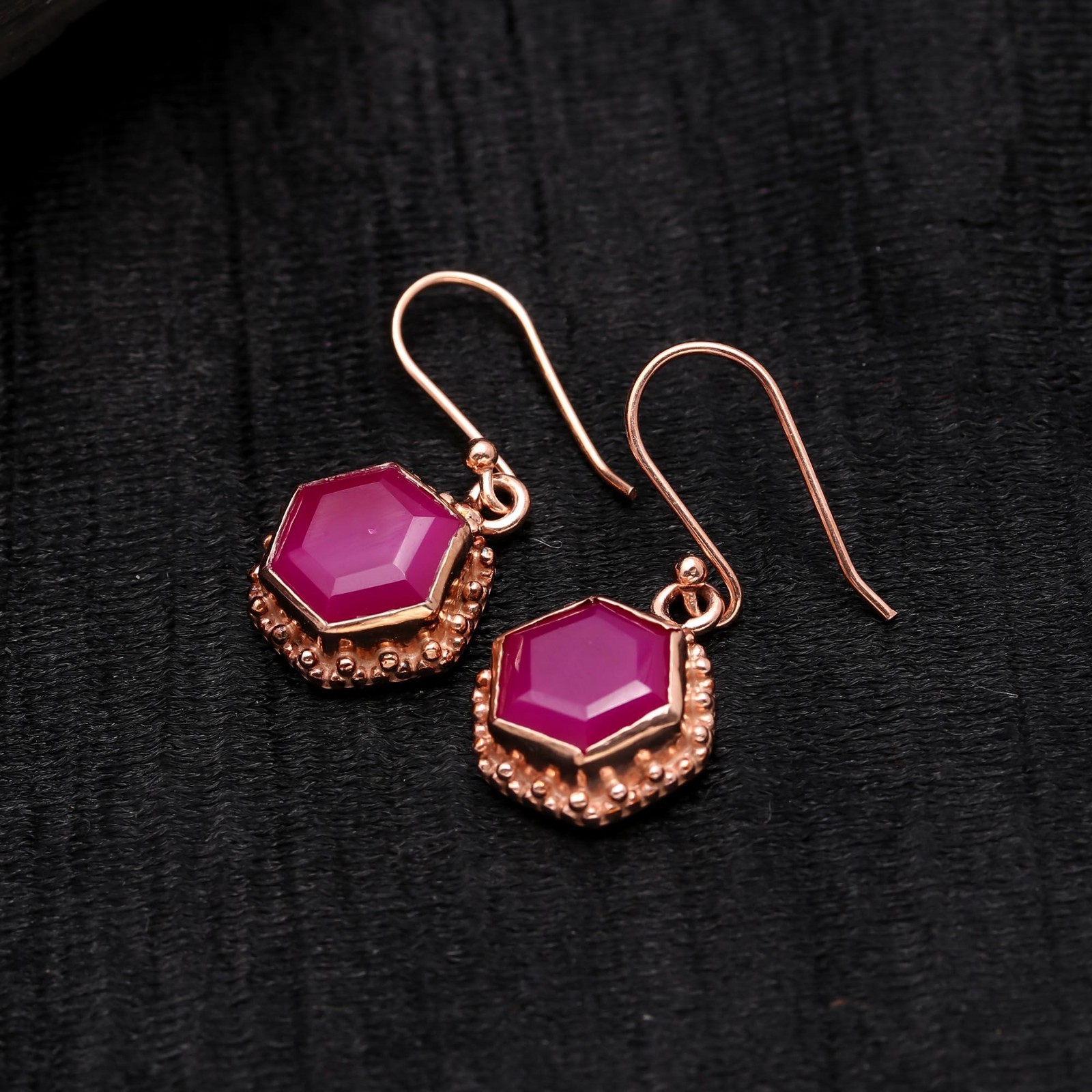 Natural Pink Chalcedony Hexagon Earrings Rose Gold Plated Solid Silver Jewelry