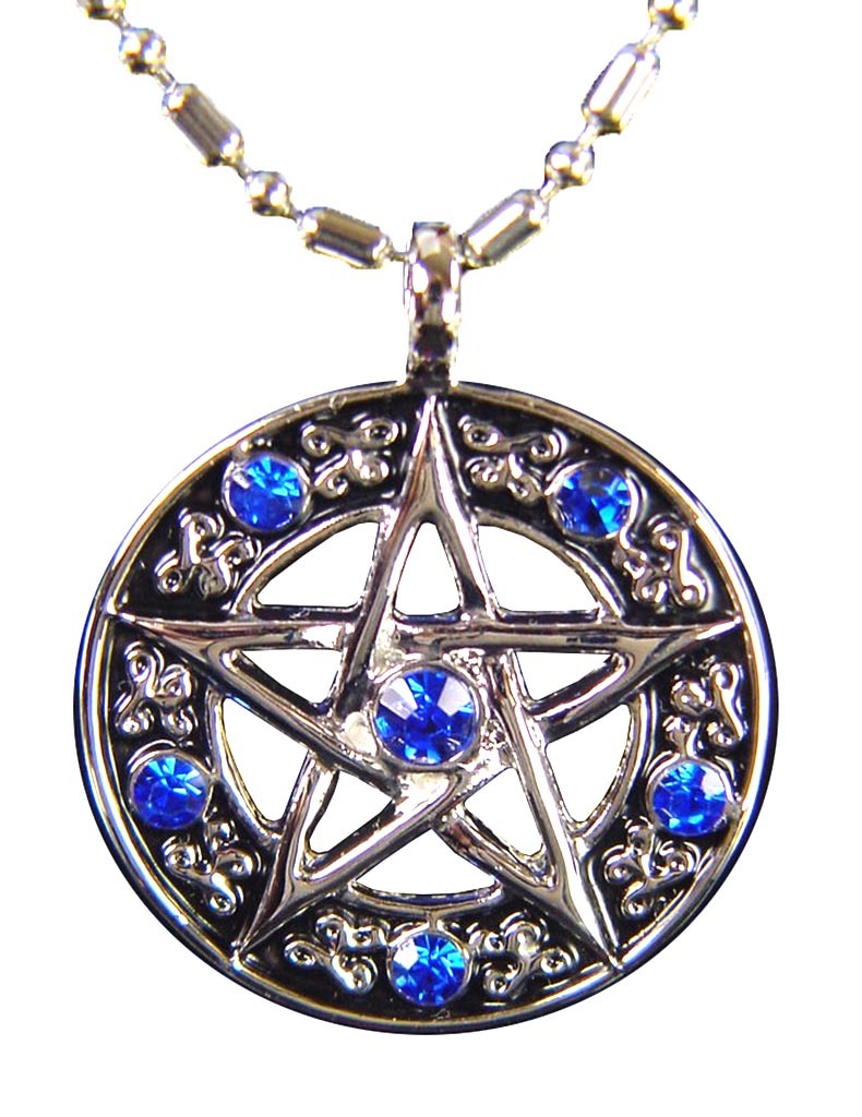 BUTW- stainless steel pentacle blue zircons 24″ chain necklace pendant 6721K