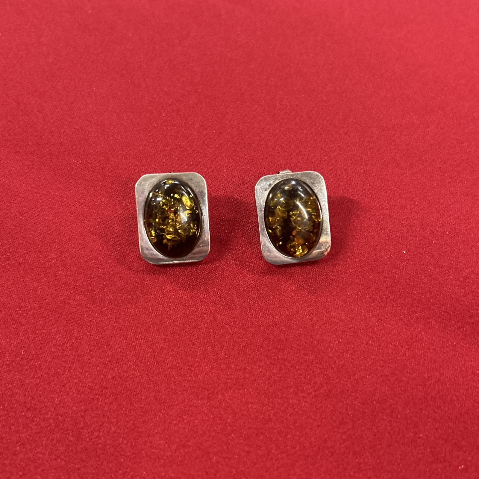 Sterling Silver 925 Box Shaped Earrings With Gold Colored Stone 7.83 G