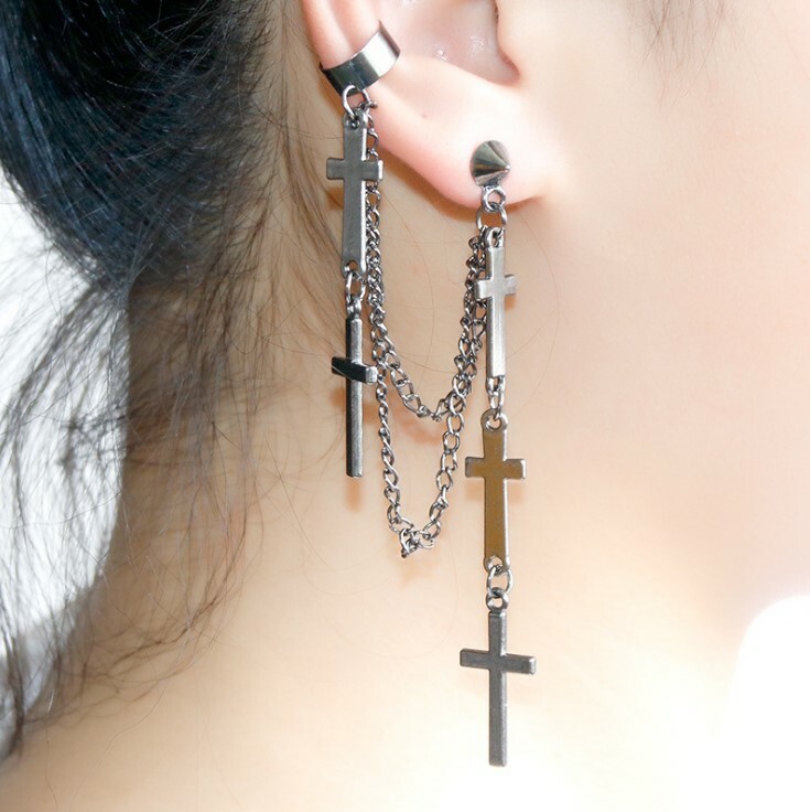 Gothic Punk Cuff Dangle Drop Cross Earrings Long Chain Stud Tassel Earrings P29