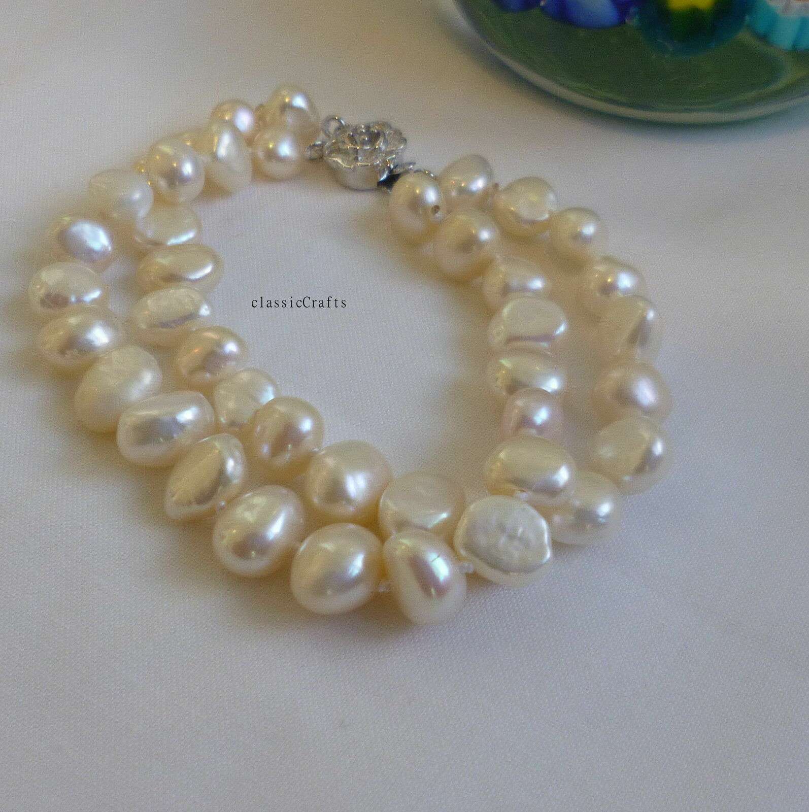Silver Genuine 7-8mm Baroque freshwater pearls 2 rows bracelet L16, 18, 20,22cm