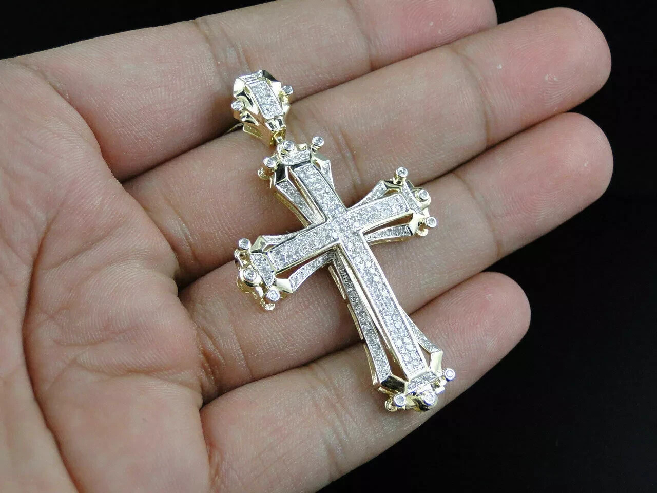 Pave Set Round Cut Diamond Cross Pendant in 14K Yellow Gold FN 0.92 Ct