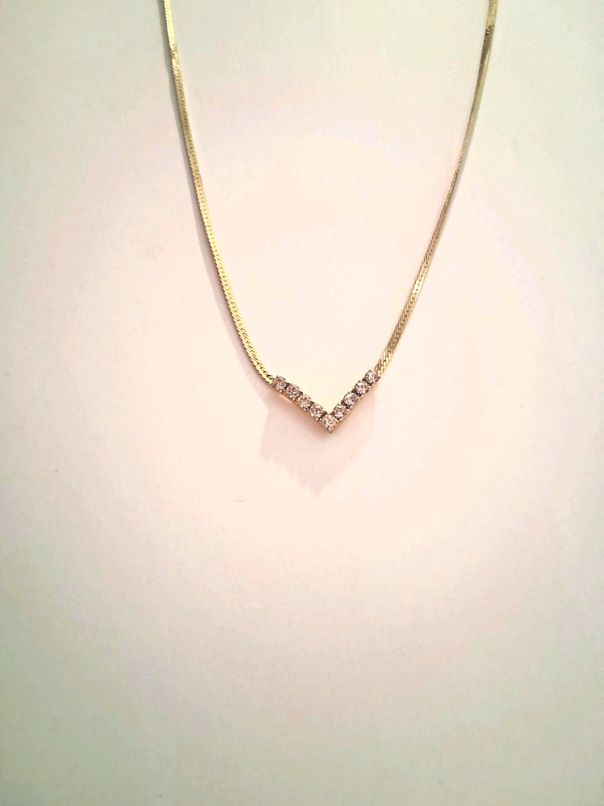 Gold Tone Snake Chain Necklace w/ V-Shaped Crystal Pendant, Adjustable