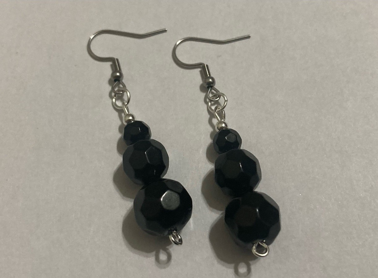 Onyx Obsidian Black Beaded Silver Handmade Boho Dangle Hook Drop Style Earrings