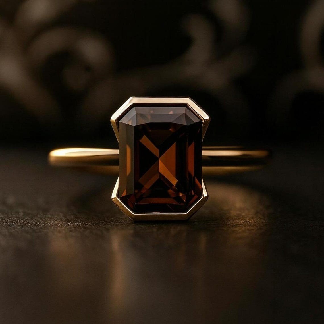 2CT Smoky Quartz Engagement Ring 14k Yellow Gold Ring Emerald Cut HalfBezel Ring