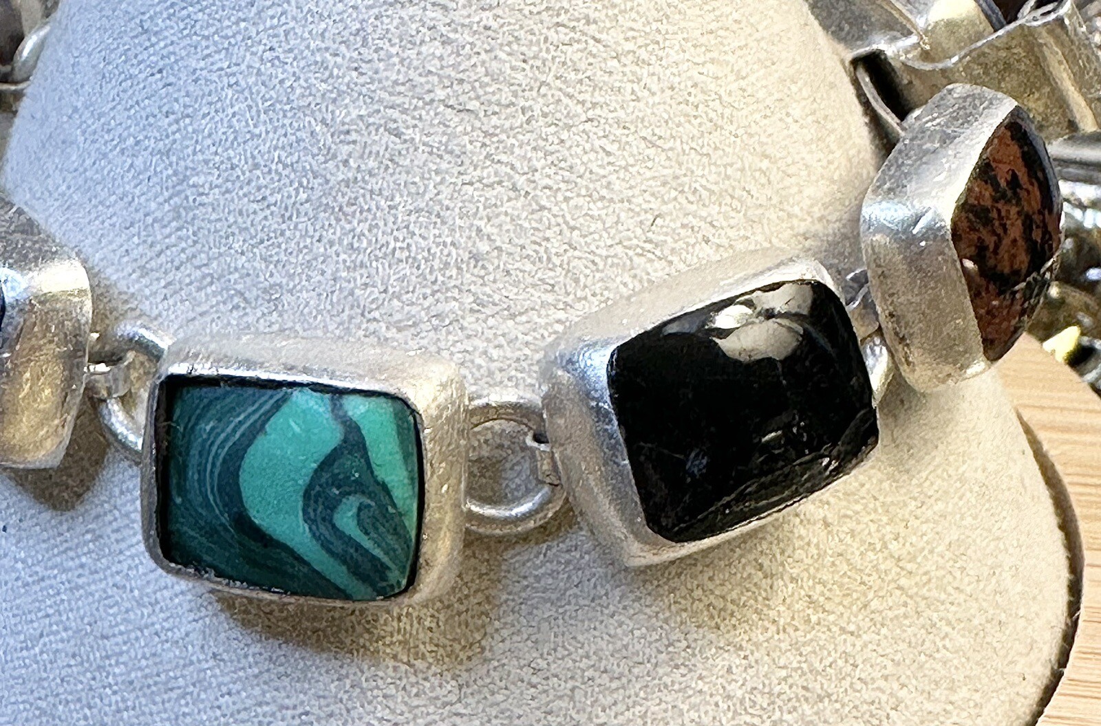 Vintage Mexico Rose Quartz Onyx Malachite Lapis + 925 Silver Bracelet 7 In