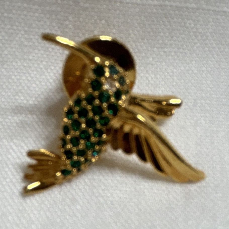 Gold Tone Bird Pin Brooch w/ Green Round Rhinestones, Metal, Gold/Green