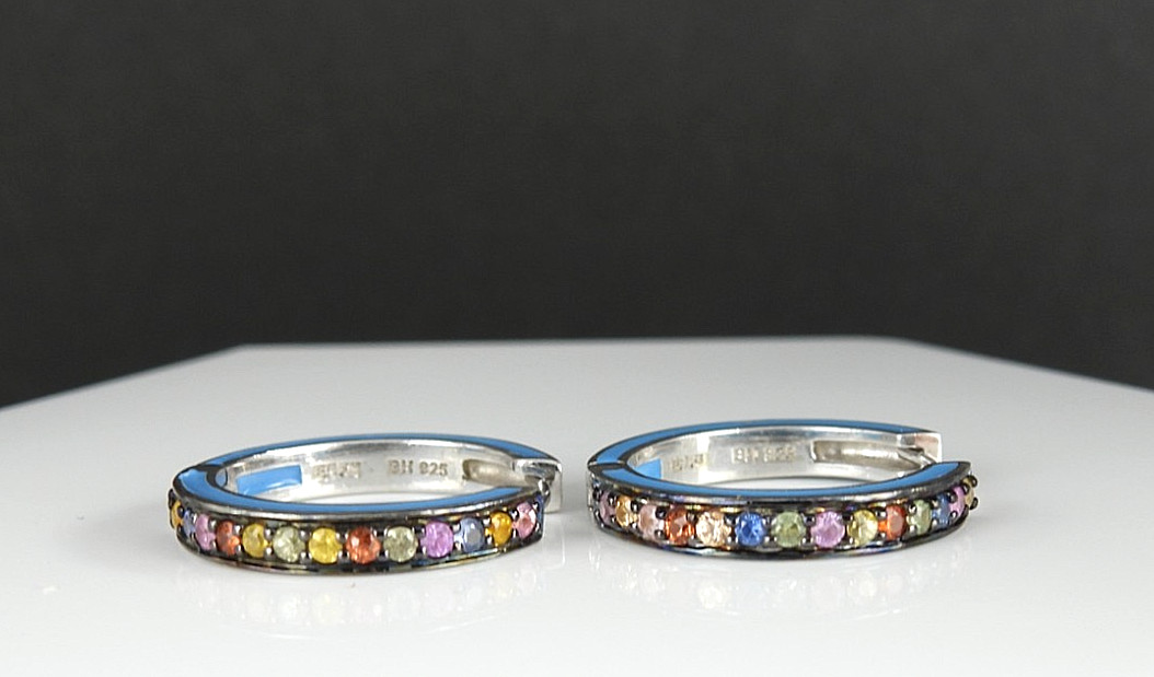 Vintage EFFY Balissima 925 Sterling Silver Enamel Multi Gemstone Hoop Earrings