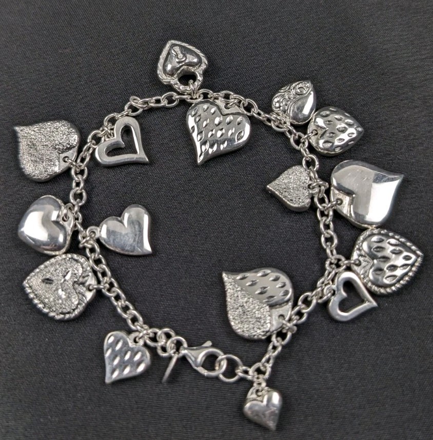 JCM Jacmel Mauritius 925 Sterling Silver Heart Chime Charm Bracelet 8in
