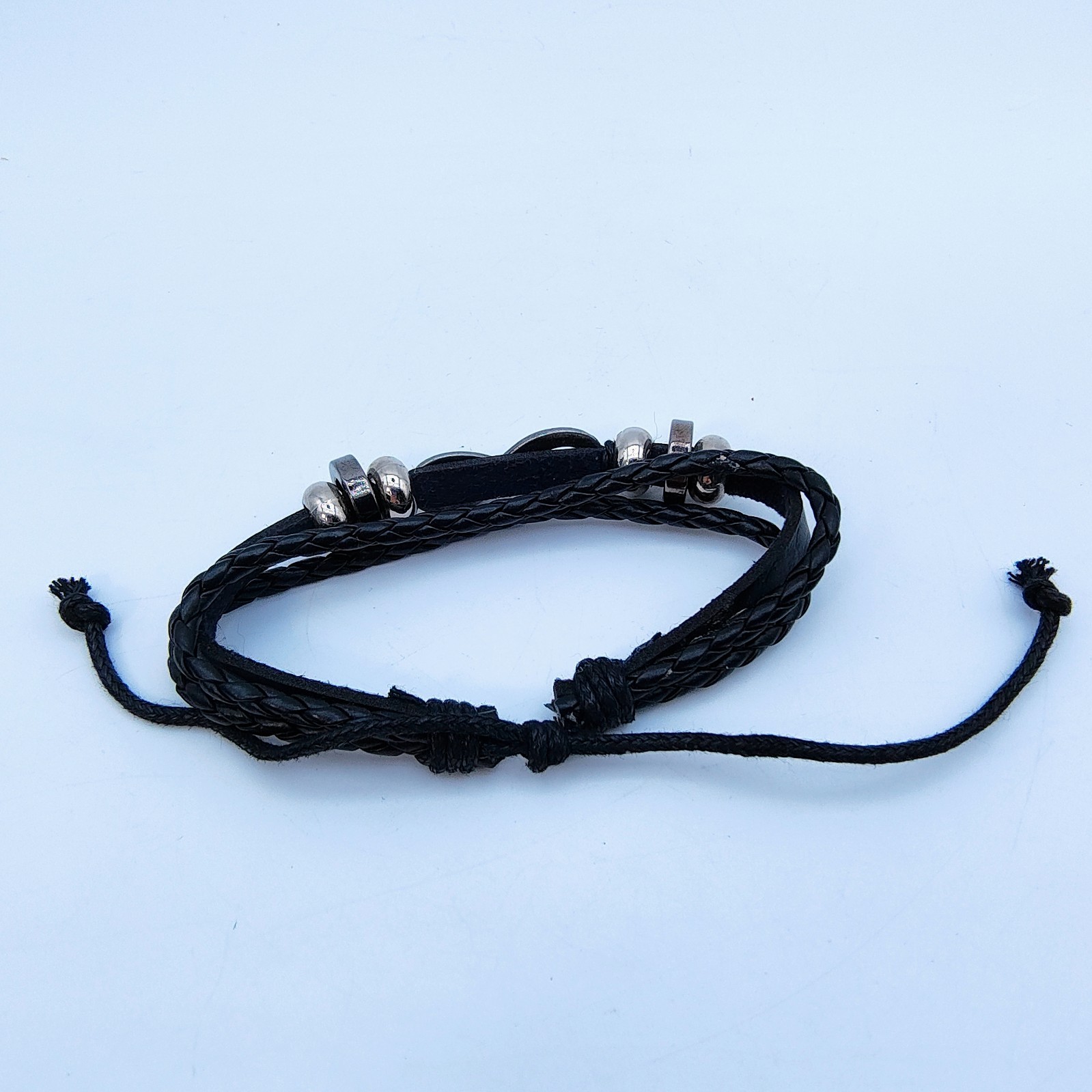 Black Faux Leather Bracelet Set of 2 Silver Tone Infinity Y2K Rock Indie Grunge