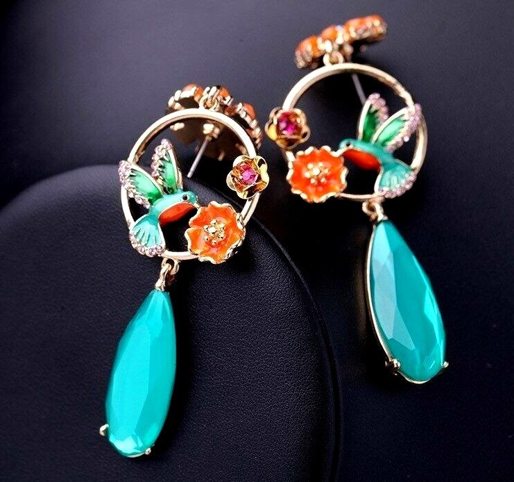 US Seller Betsey Johnson Antique Style Multi-colored Crystal Bird Earrings