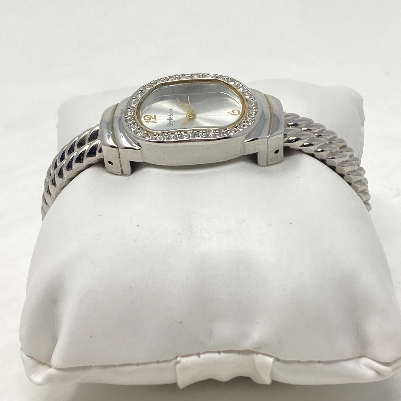 Style & Co Women Watch Silver Gold Tone Crystals Twisted Cable Cuff New Battery