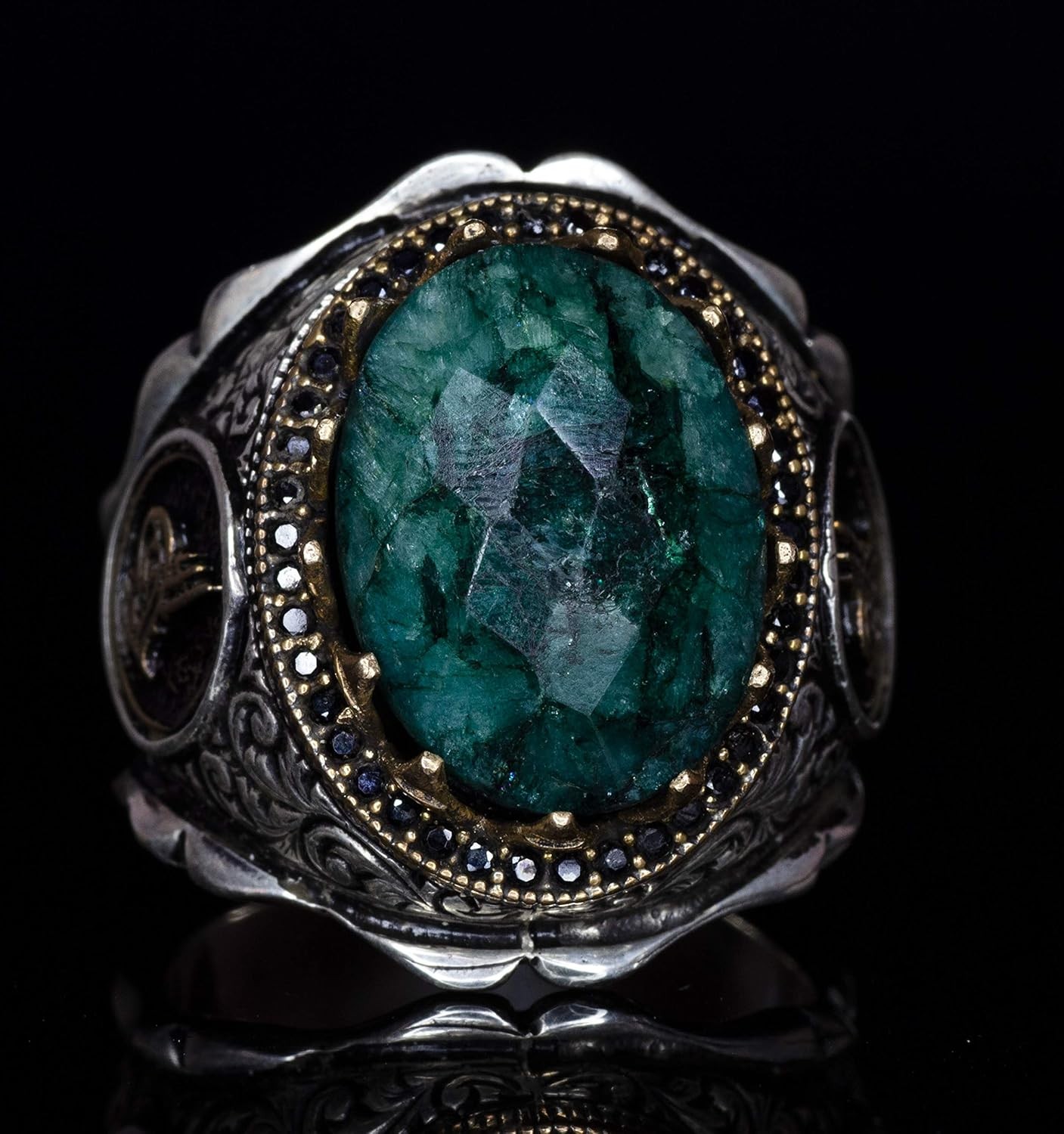 KAMBO 925 Sterling Silver Ottoman Emerald Men’s Ring Handmade Turkey KL16