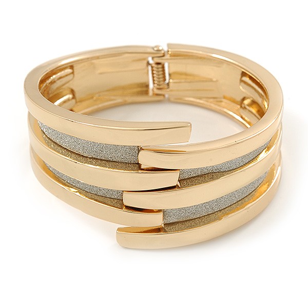 Gold Plated Bar With Silver Glitter Hinged Bangle Bracelet – 18cm L