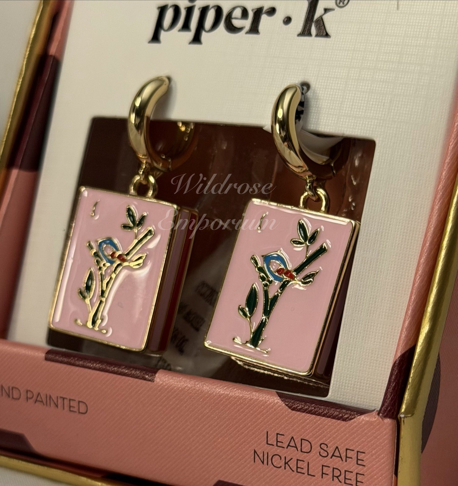 Piper K whimsical pink mahjong game tile motif enamel Huggie hoop earrings