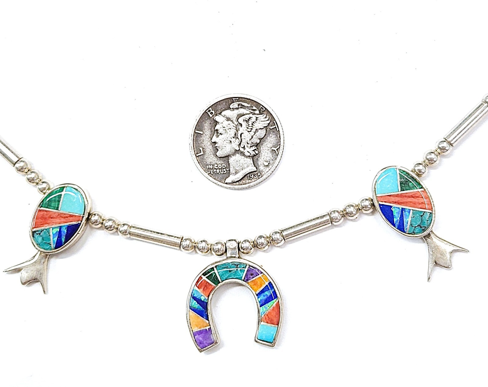 Evangeline Sherman Navajo Multi-Stone Inlay Sterling Squash Blossom Necklace