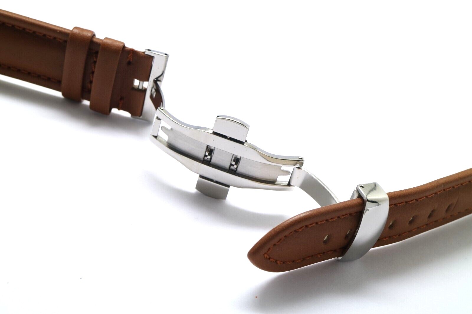 20 22 24mm Brown Genuine Leather Watch Strap Silver Push Button Deployant Clasp