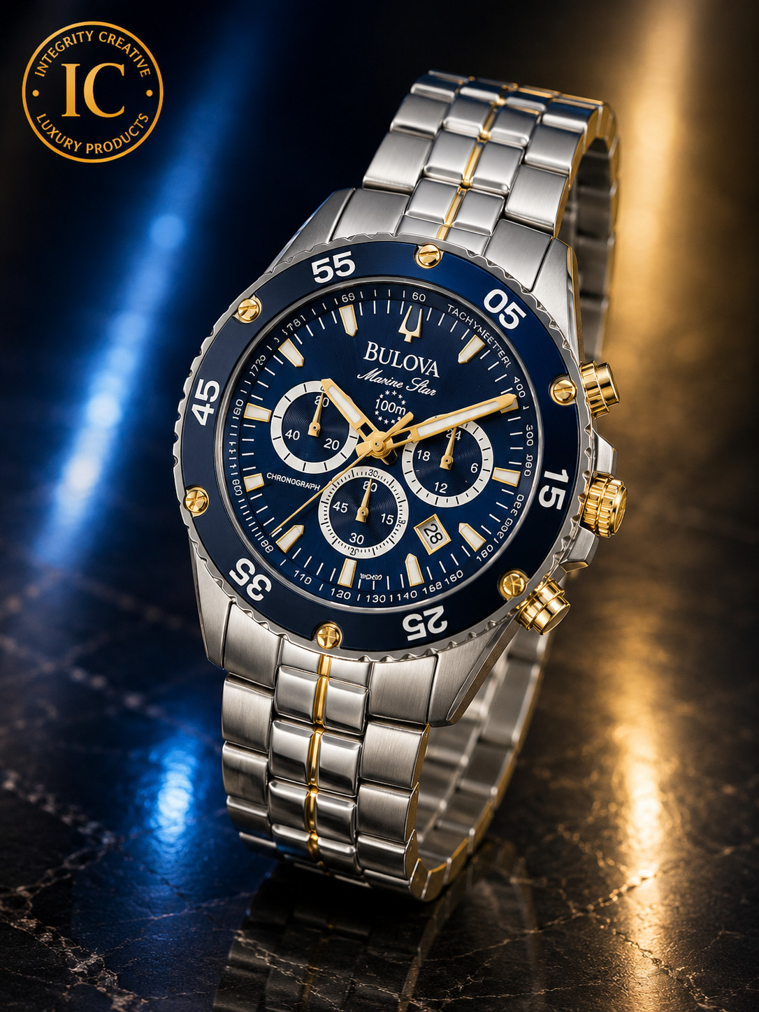 Bulova 42MM Silver Stainless Steel Nautical Watch Blue Dial 2 Tone Bracelet
