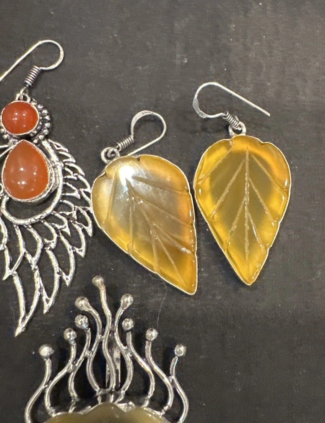 Silver Tone Simulated Gemstone Artisan Angel Wing Leaf Earrings & Pendant Lot 3