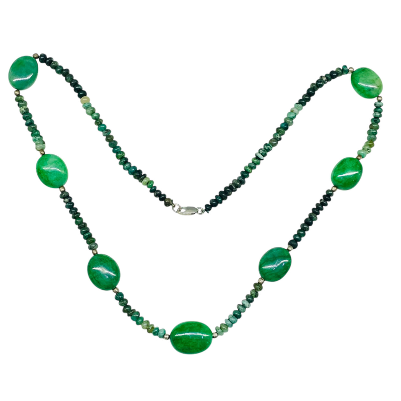 23′ Natural Emerald Designer Necklace Cabochon Beads 925 Silver Clasp