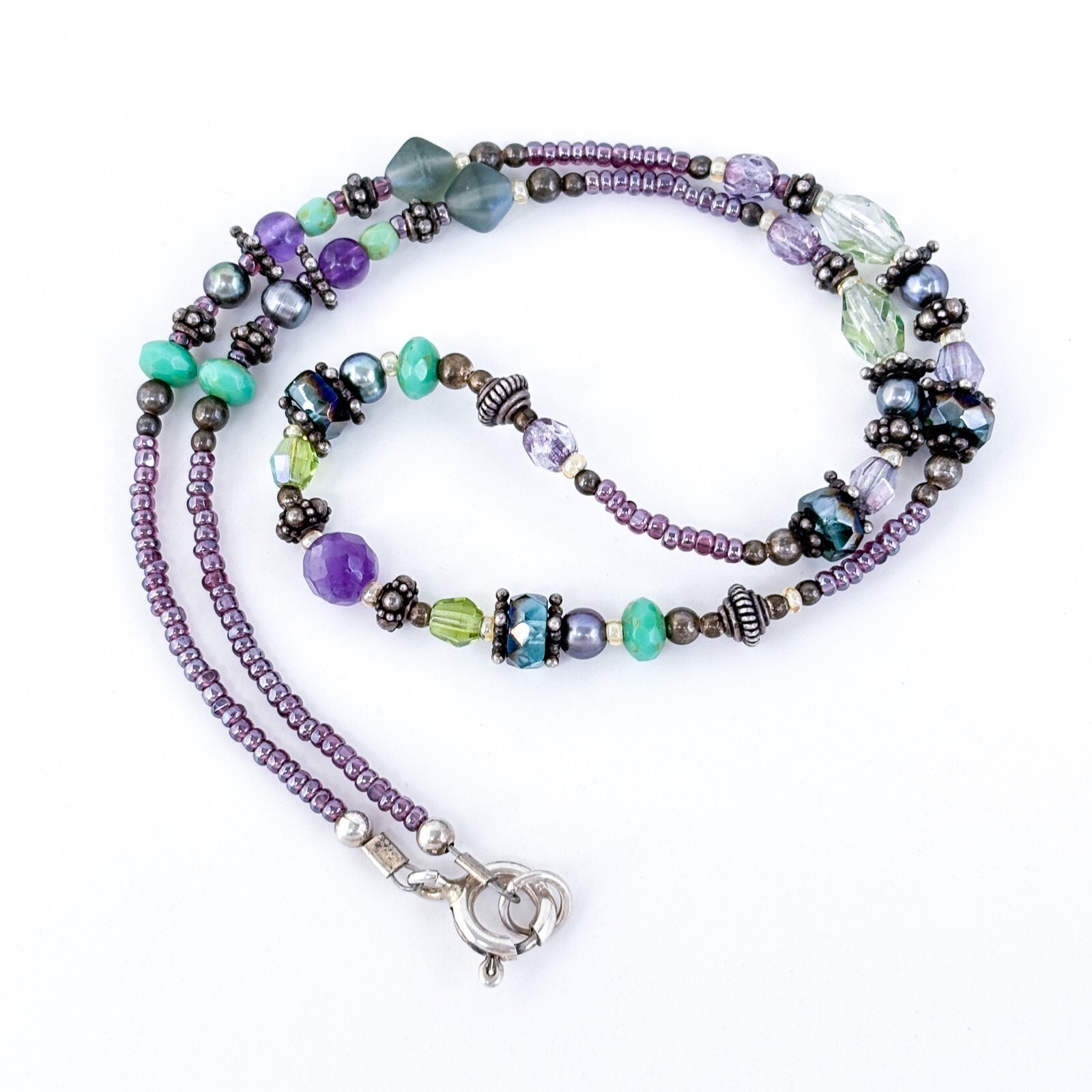 Vintage Sterling Silver 925 Multi-Gemstone Beaded Necklace 16.25″