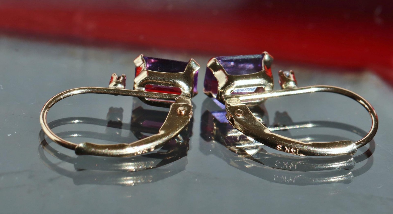 14k yellow gold earrings 0.82ct amethyst diamond 0.61″ dangle 0.91gr N3685