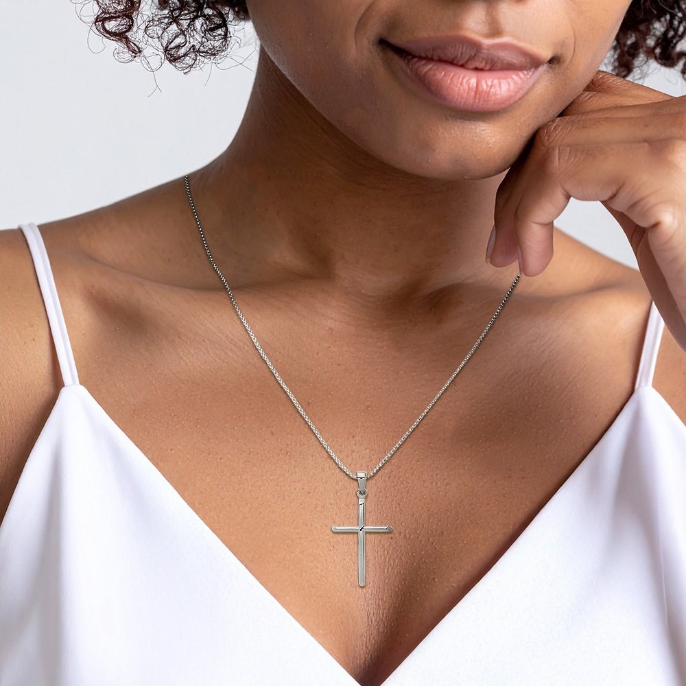 10K Solid White Gold Fleur De Lis Large Tubular Cross Pendant Necklace 35.6mm